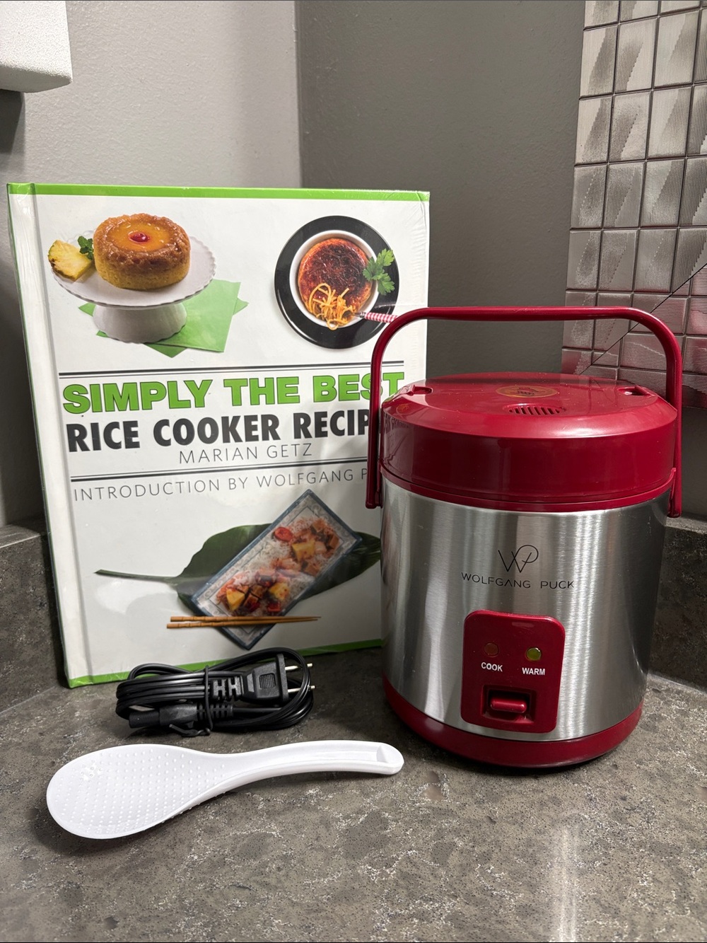 Wolfgang Puck Red & Stainless 1.5 Cup Portable Rice Cooker with New Cookbook